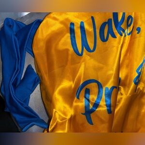 Gold and Blue Satin Fabric Bonnet with Wake Pray Slay text,